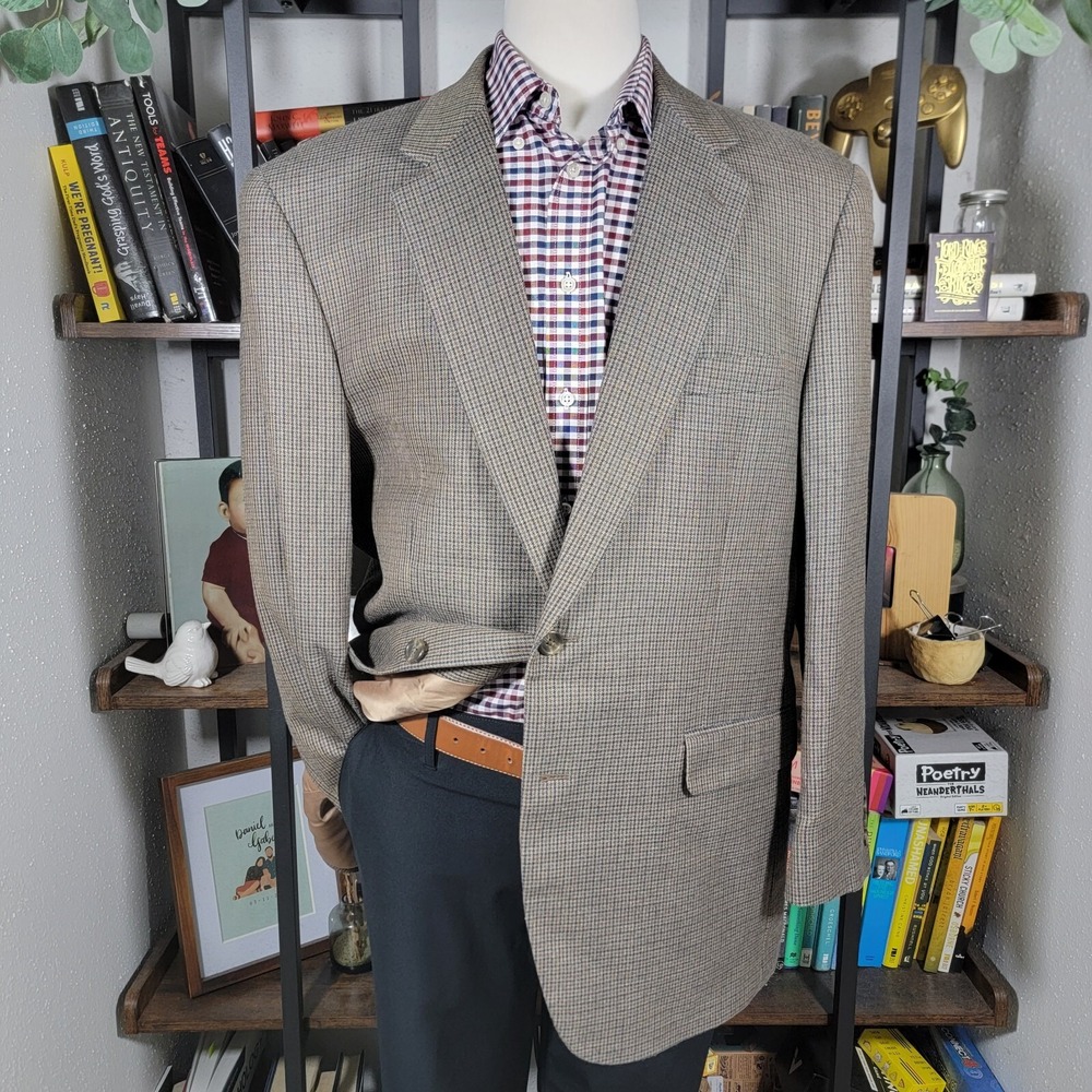 Chaps‎ Men's Sport Coat Blazer Two Button Brown Houndstooth Silk Wool Blend 46R